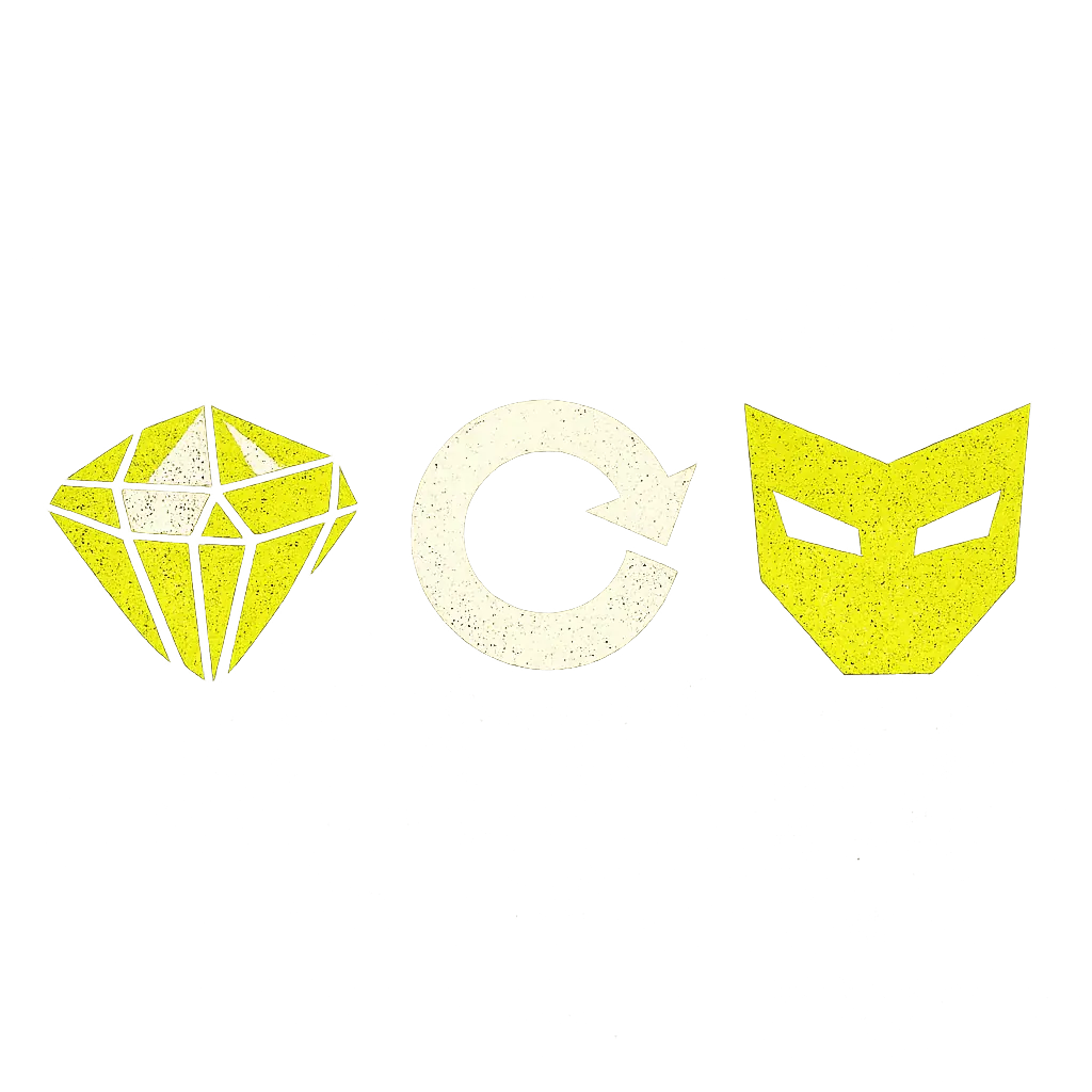 Trois badges géométriques distinguant un nouveau casino en ligne d'un relaunch et d'un rebrand